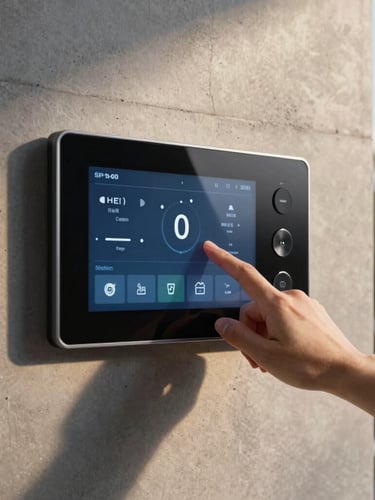 Sleek modern smart home control screen mounted on a concrete wall, warm twilight light casting soft shadows, hand touching the glass interface displaying home automation controls, premium finish.