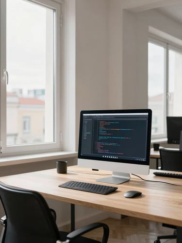 A medium-wide shot of a bright, minimalist tech workspace in Lisbon with natural daylight streaming through large windows, a clean wooden desk with a modern monitor showing code, cool and clean tones.