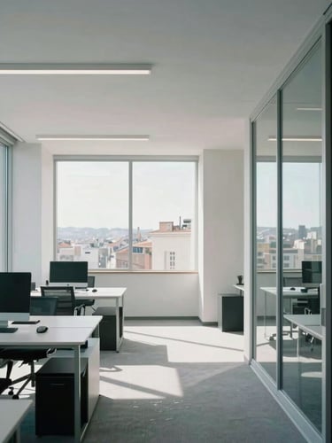 A crisp, minimalist architectural shot of a modern Lisbon tech hub workspace, natural daylight streaming through large windows, clean lines, cool tones