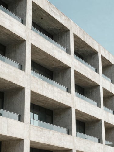 Striking architectural crop of a Lisbon tech hub, modern concrete lines, bright daylight, cool clean tones