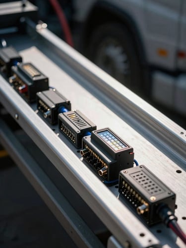 Extreme close-up of truck-mounted ECU tuning rack: aluminium rails with cable management channels, OBD interfaces and diagnostic modules in slots, cool LED work light casting sharp shadows on connector pins, no person visible, industrial-clinical framing from a 45-degree angle