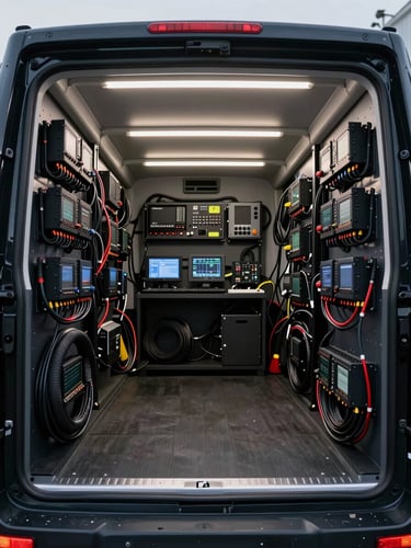 Wide interior of a black mobile tuning truck, equipment racks lining both walls with coiled diagnostic cables and mounted ECU interfaces, cool 5000K LED strip lighting illuminating connector panels and data logging hardware, shot from the rear entry looking forward, zero crew present