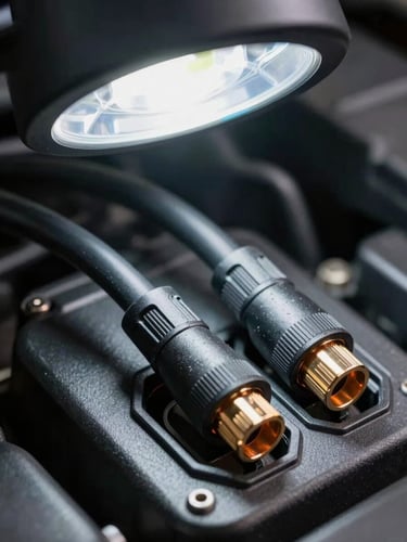 Extreme close-up of a cable harness and OBD connector plugged into an engine bay junction box, clinical LED work light from above, sharp shadows on anthracite metal, no persons, diagnostic precision framing