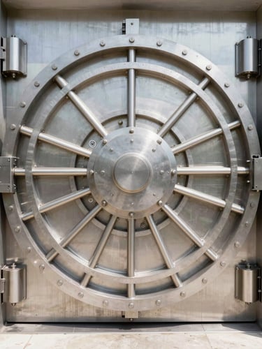 Symmetrical architectural shot of a massive steel vault door, high-contrast daylight highlighting mechanical locking bolts, industrial precision