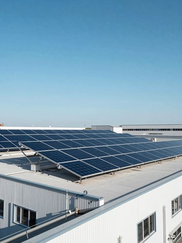 Expansive solar panel array on a clean industrial rooftop, blue sky, clear lines, bright clean daylight, crisp architectural focus
