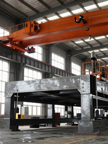 A high-contrast wide-angle view of a steel fabrication facility, overhead industrial crane, natural overcast daylight pouring through high warehouse windows, cool steel tones, safety-orange accents on machinery.