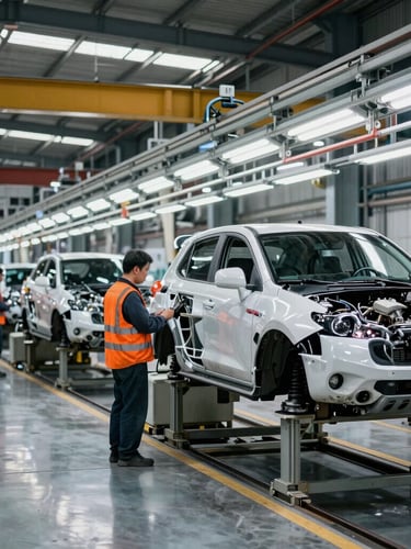Wide-angle industrial documentary photography of a busy automotive assembly line, cool steel tones with safety-orange accents, natural warehouse lighting, 35mm lens