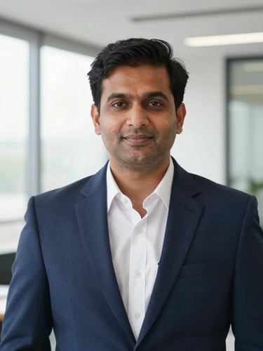 Medium close-up portrait of an Indian male CA in a sharp navy suit, clean modern office background with soft natural window light, professional and trustworthy expression, 35mm lens.