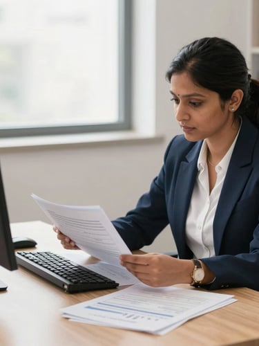 A professional Indian female CS reviewing organized financial documents at a clean wooden desk, bright natural office daylight, sharp focus, 35mm lens.