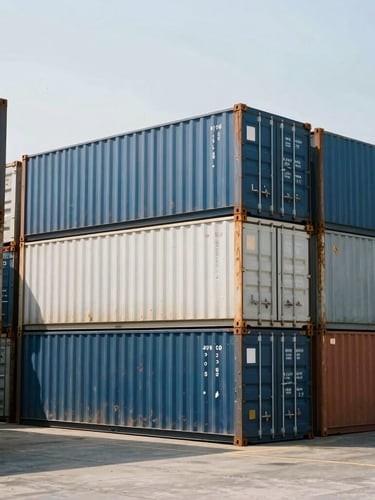 Wide-angle industrial documentary photo of cargo containers stacked at a dry port under harsh direct sunlight, high-contrast steel tones