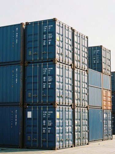 Wide environmental shot of blue shipping containers stacked at a dry port under harsh direct sunlight, high-contrast cool steel tones, 35mm lens