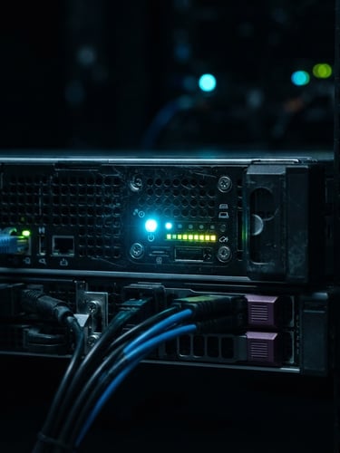Detalle macro de un servidor rack con luces LED de diagnóstico activas en una sala de servidores oscura, luz fría de cian, alto contraste, sombras profundas.