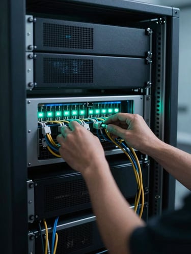 Ingeniero de Vektor TI trabajando en un rack de servidores en una sala oscura, con luz fría de diagnóstico LED azul y verde, enfoque nítido en las manos y los cables, alto contraste, tonos pizarra y cian.