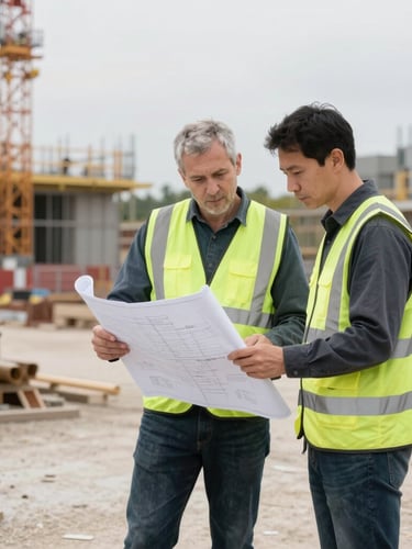 Authentic editorial photograph of a site manager reviewing blueprints with a foreman on a clean, active UK construction site, natural overcast daylight, focus on the plans, shallow depth of field, 35mm