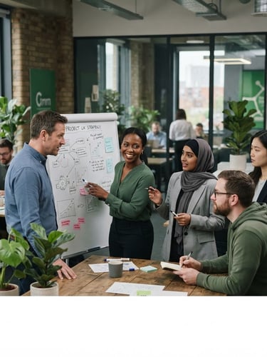 Professional UK workplace, diverse team collaborating in a modern office, soft natural overcast daylight, muted corporate tones with green accents, shallow depth of field, 35mm
