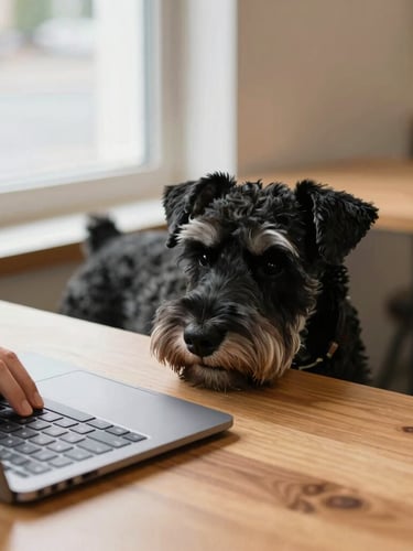 A medium-close environmental shot of a small business owner's hands working on a laptop, a loyal black Schnauzer dog resting calmly under the desk, natural window light, soft shadows, warm wood tones.