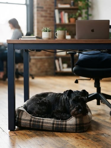 A loyal black Schnauzer dog resting calmly under a clean, organized desk in a modern small business office, natural window light, warm wood tones, shallow depth of field.