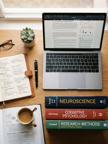 Overhead flat-lay of an organized study desk with a clean notebook, a luxury pen, a laptop showing research text, and physical academic books, soft natural daylight, warm tones, 35mm.