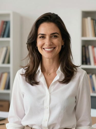 A professional portrait of Marina Lapa, a Brazilian academic mentor, smiling warmly in a bright, modern office with bookshelves in the background, soft natural daylight, 35mm