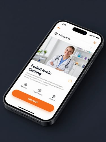 A high-fidelity mockup of a modern smartphone displaying a clean medical clinic website with a prominent orange contact button, set against a dark navy background with realistic studio lighting.