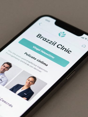 Close-up of a modern smartphone screen displaying a clean, high-contrast website for a local Brazilian clinic, sharp details, bright daylight illumination