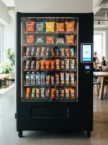 A sleek, modern glass-front vending machine with a glowing digital tap-to-pay screen, stocked neatly with clean, colorful snack rows, bright modern breakroom setting, clean indoor daylight, sharp focus, 35mm