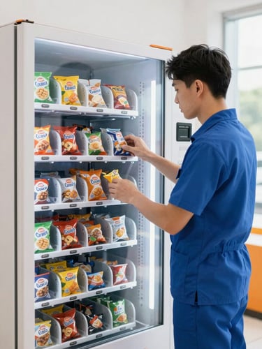 A professional vending technician in a clean blue uniform neatly organizing snack rows inside a modern glass-front vending machine, bright indoor daylight, sharp focus, 35mm