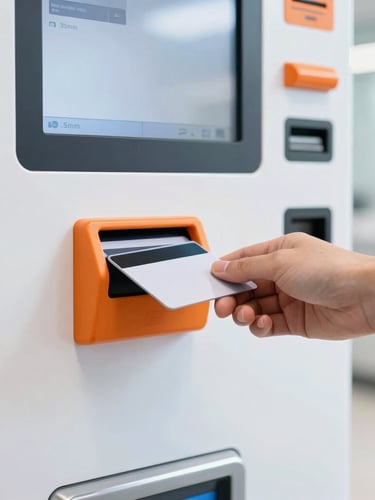 Close-up of a hand using a contactless card to pay at a sleek modern vending machine screen, bright corporate breakroom, clean daylight, sharp focus, 35mm
