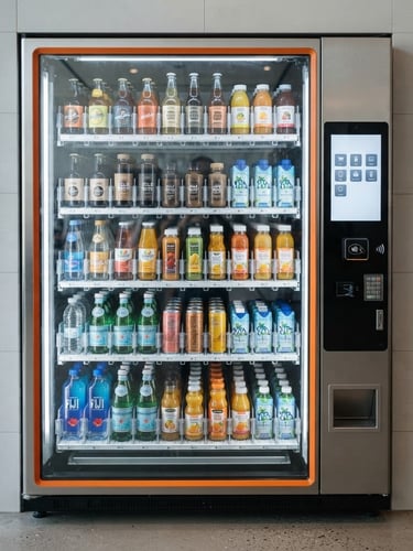 Straight-on medium shot of a modern glass-front vending machine with a clean digital payment screen, stocked with premium beverages, bright indoor daylight