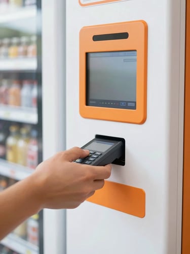 Close-up of a hand using contactless tap-to-pay on a modern clean vending machine screen, bright natural indoor daylight, crisp focus