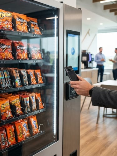 Sleek, modern glass-front vending machine in a bright, clean corporate breakroom, glowing digital touchscreen, hands holding a smartphone to pay contactless, vibrant orange snack packaging visible inside, crisp focus, clean indoor daylight, 35mm