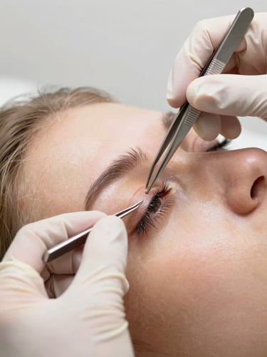 Close-up portrait framing of two hands in latex gloves holding precision tweezers near a client's closed eye under warm-white studio light, individual lash extensions fanned out and visible in sharp focus, clean white studio background
