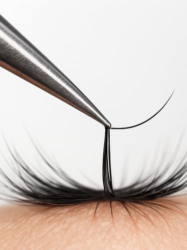 Extreme macro close-up of a stainless steel tweezer tip placing a single synthetic lash strand onto a natural lash, bright studio strobe lighting illuminating fine lash detail, shot straight-on against a clean white studio background, sharp focus on the placement point