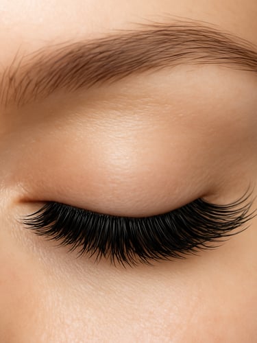 Straight-on studio shot of a finished poker lash set on a client's closed eye, bright overhead studio strobe illuminating the lash line from directly above, individual strands backlit to reveal dimension and layered volume, white reflector fill from the left, clean white negative space above the eye