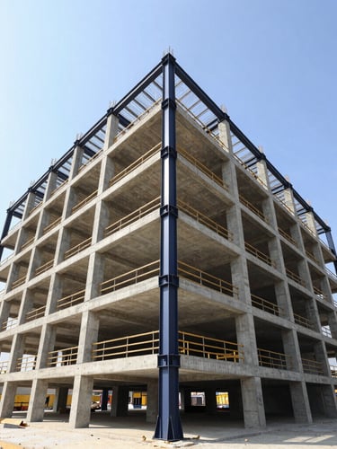 Wide-angle architectural photograph of a modern concrete building under construction, sharp daylight, deep navy steel beams, scaffolding, clear sky.