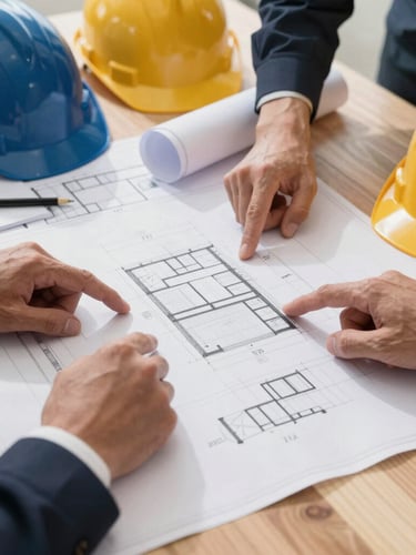 Close-up of a construction planning session, blueprints spread on a wooden table, hands pointing to structural details, hard hats and safety gear visible, natural light.
