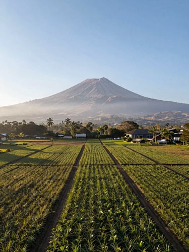Wide-angle drone perspective of a lush agricultural farm lot in Albay with Mount Mayon in the background, bright morning light.