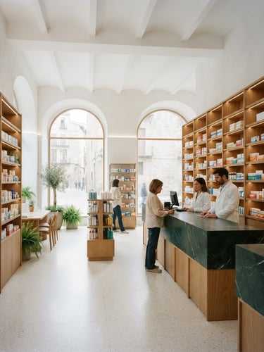 Luminous modern pharmacy interior in Spain with deep forest green marble counters, warm oak wood shelving, clean white architectural lines, diffused daylight, 35mm photography