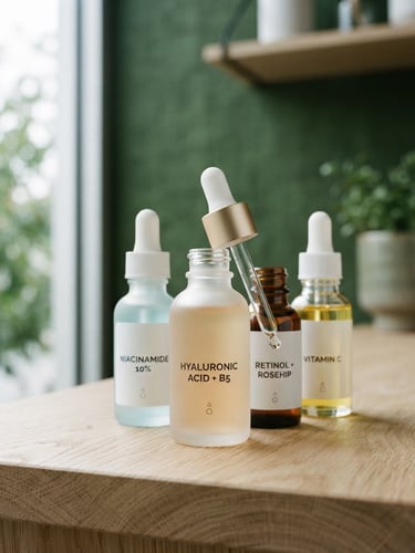 Luminous close-up of clean skincare serums in glass bottles on a light oak surface, soft diffused daylight, clinical and pure aesthetic