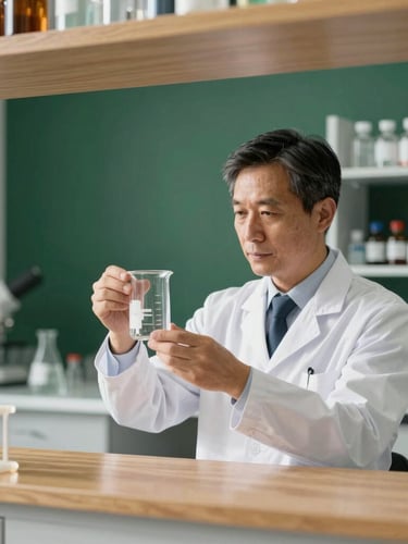 A professional pharmacist in a white coat carefully inspecting a clean glass beaker in a bright, modern laboratory with oak accents