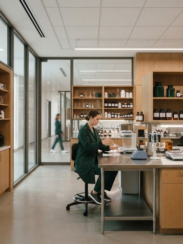 Bright modern pharmacy laboratory with glass walls, stainless steel instruments, and soft architectural lighting, clean minimalist clinic aesthetic