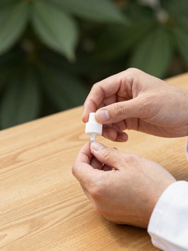 Close-up of a pharmacist's hands in a white coat meticulously preparing a customized dosage system on a clean oak wood counter, bright natural daylight, macro shot