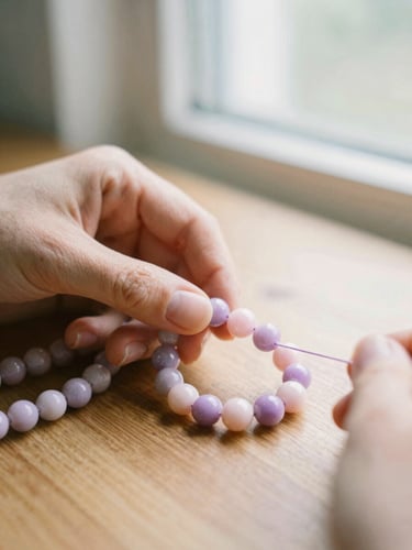 Macro close-up of hands threading pastel lavender and blush beads on a wooden table, soft natural window light, shallow depth of field, 35mm film aesthetic