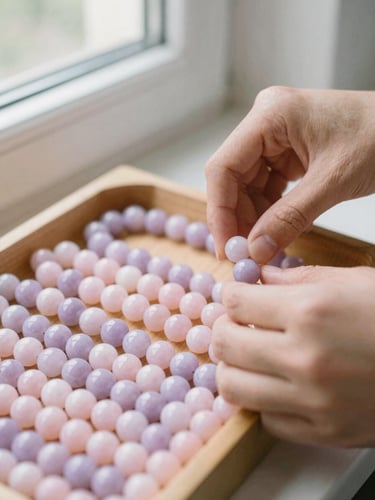 Hands carefully selecting pastel lavender and blush beads from a wooden tray, soft natural window light, shallow depth of field, 35mm film aesthetic