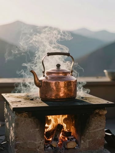 Close-up of a traditional Ladakhi family kitchen hearth, steaming copper kettle on a wood-burning stove, warm ambient firelight, soft shadows, 35mm film aesthetic
