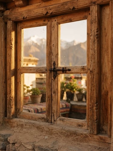 Close-up of golden mountain sunlight illuminating a traditional wooden window frame at Lhachik Guest House, soft shadows, warm 35mm film aesthetic