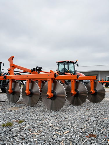 Low-angle shot of a heavy-duty multi-share agricultural plow parked on a gravel showroom lot, natural overcast daylight highlighting the clean orange steel and sharp metal discs, wide-angle perspective.
