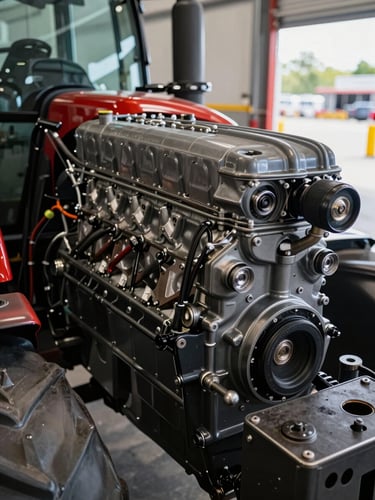 Low-angle close-up shot of a clean tractor engine bay, heavy metal parts, natural outdoor daylight, industrial showroom background, sharp focus on mechanical details.