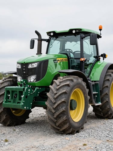 Low-angle wide shot of a clean, powerful green tractor parked on the outdoor gravel lot of Fuat Soysal Galeri, natural bright overcast daylight, showcasing the heavy tire treads and robust front grille.