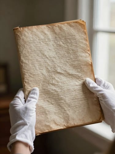 Hands wearing white archival cotton gloves holding an ancient manuscript, showing rich paper textures and soft side lighting